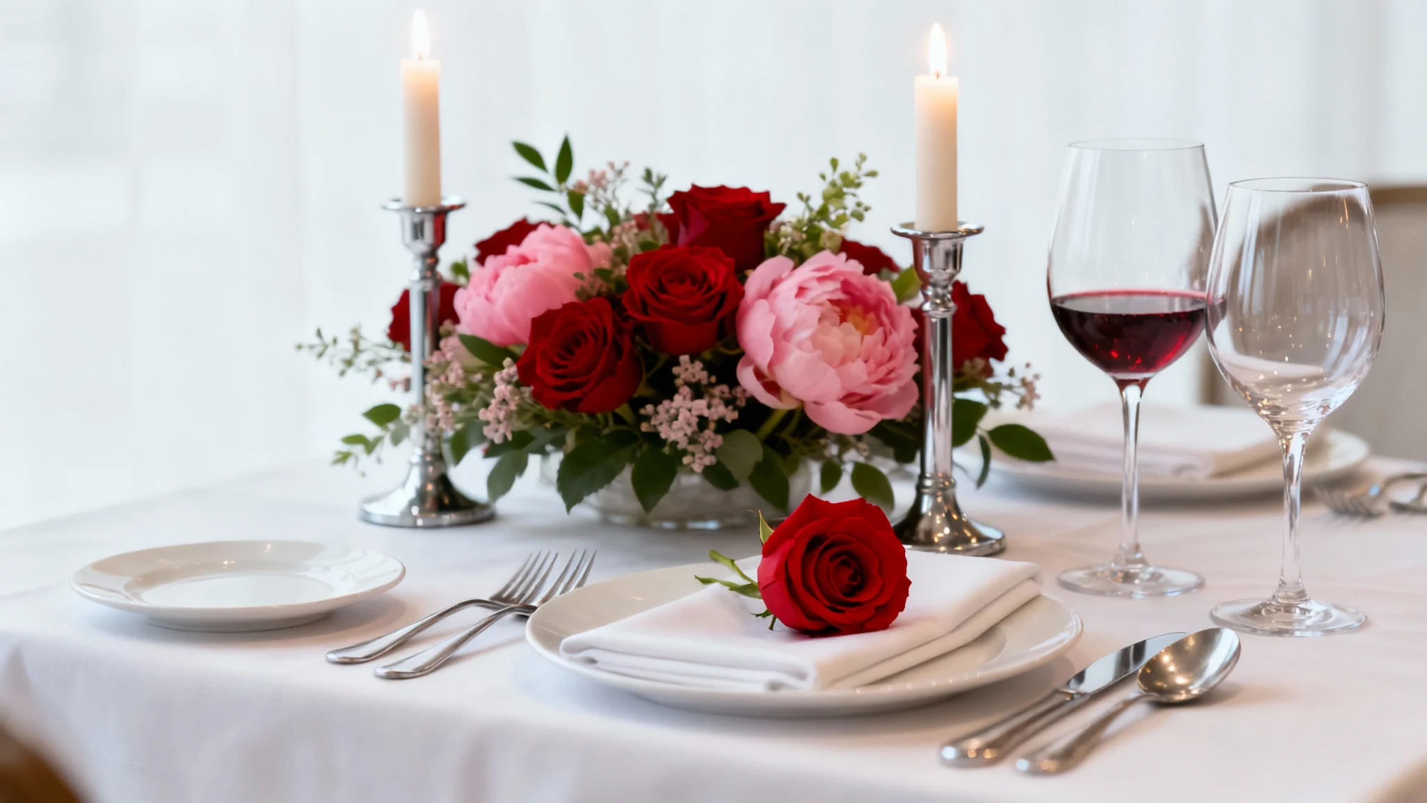 A close-up of a romantic Valentine's Day restaurant table setting for two, with red roses, candles, and wine glasses on a white tablecloth, against a soft white background.