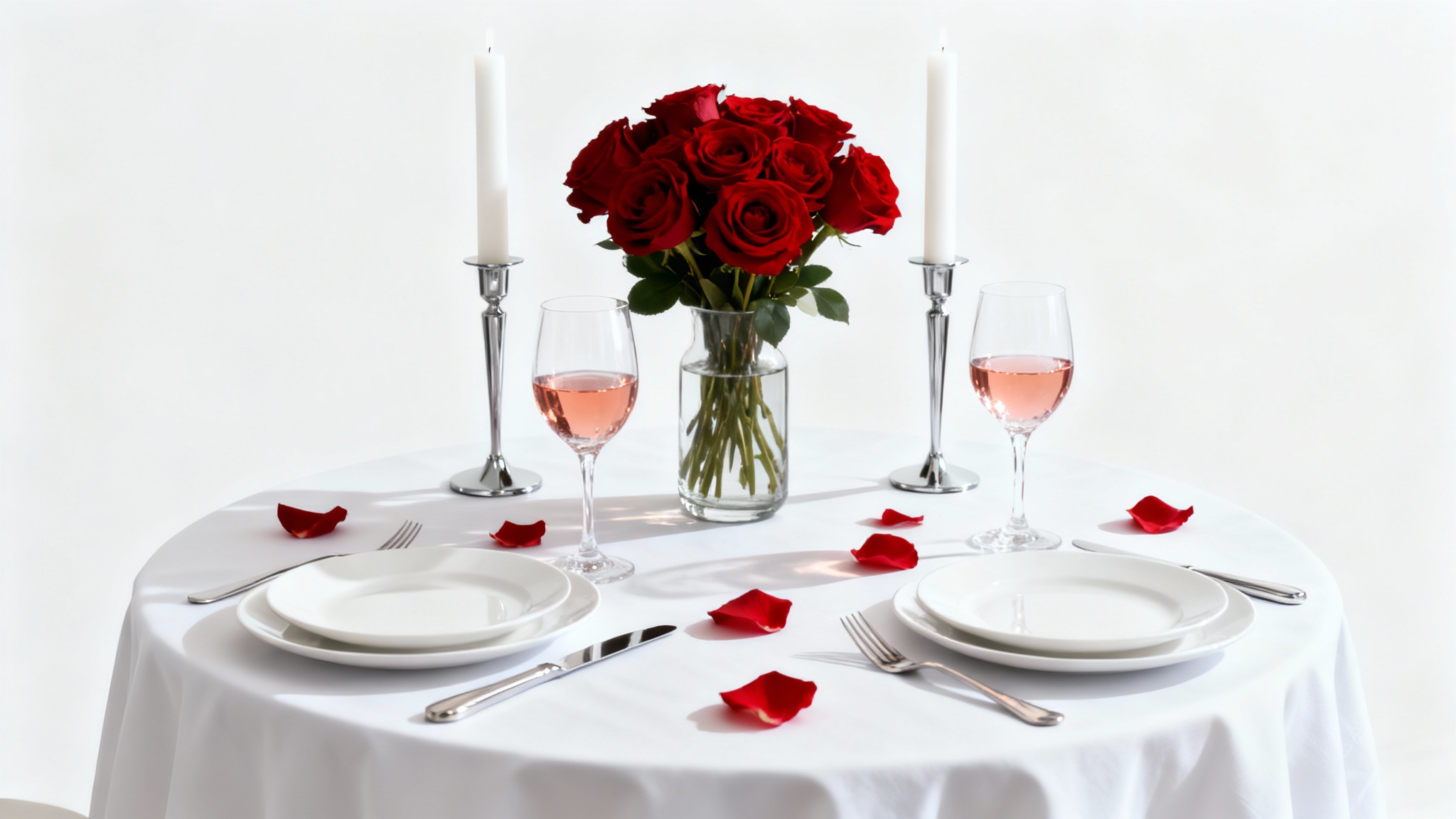 A romantic Valentine's Day restaurant table for two, featuring red roses, candles, and wine, elegantly arranged on a white tablecloth against a clean white background.