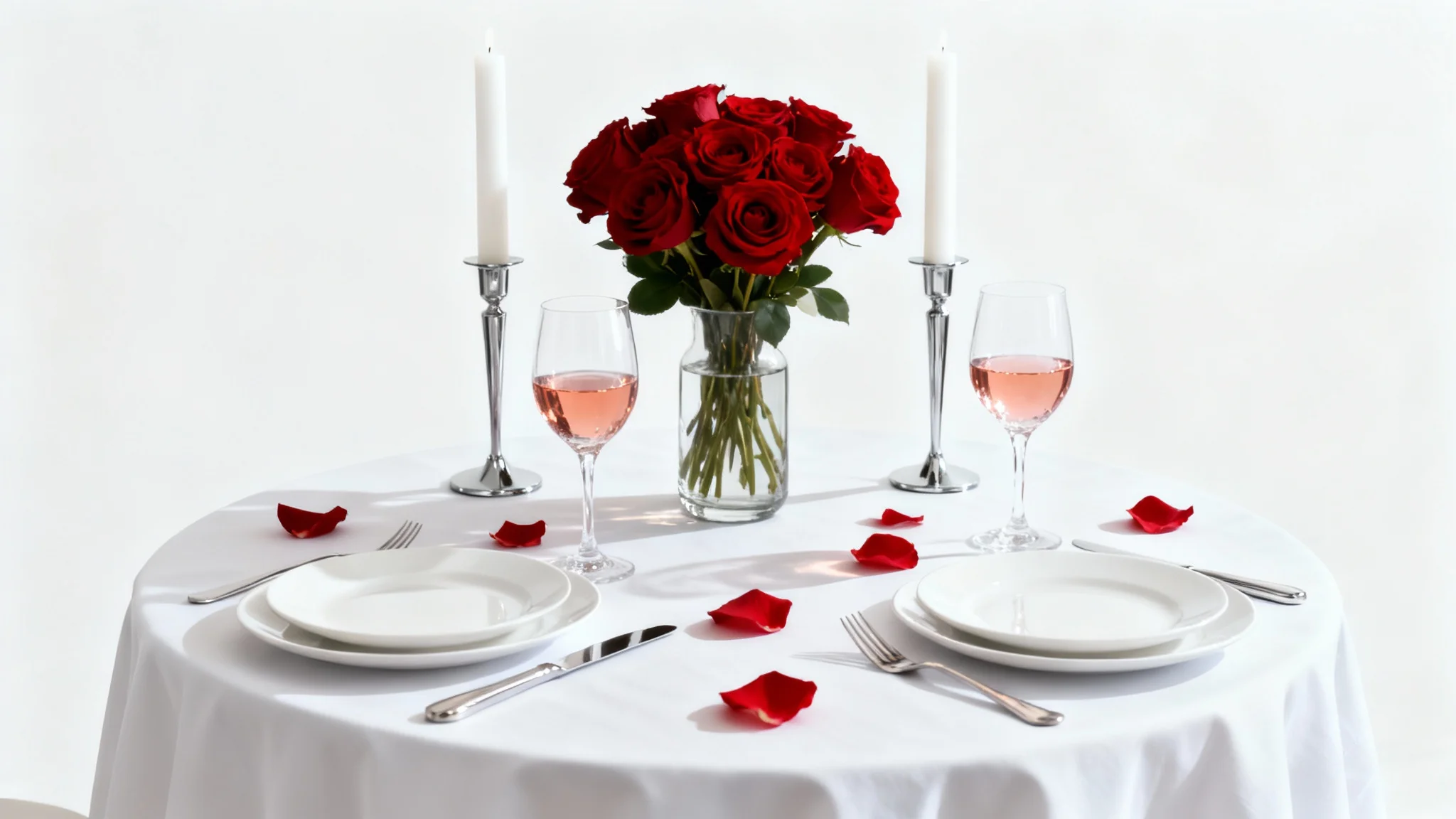 A romantic Valentine's Day restaurant table for two, featuring red roses, candles, and wine, elegantly arranged on a white tablecloth against a clean white background.