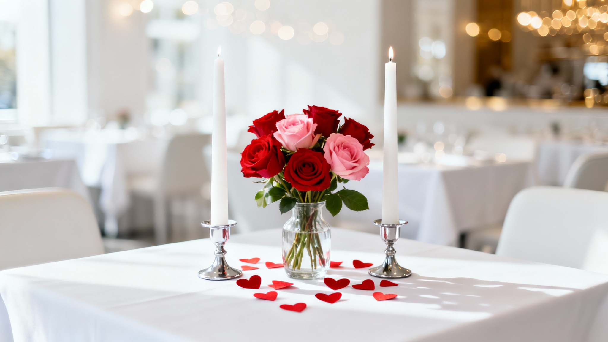 A romantic Valentine's Day restaurant decor mockup, showing a close-up of a table centerpiece with red roses and candles on a white tablecloth, against a bright, blurred background.