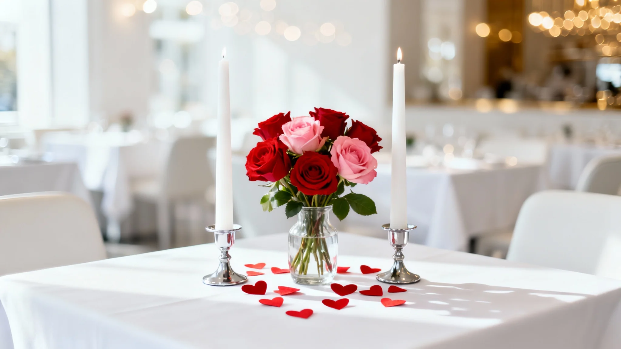 A romantic Valentine's Day restaurant decor mockup, showing a close-up of a table centerpiece with red roses and candles on a white tablecloth, against a bright, blurred background.