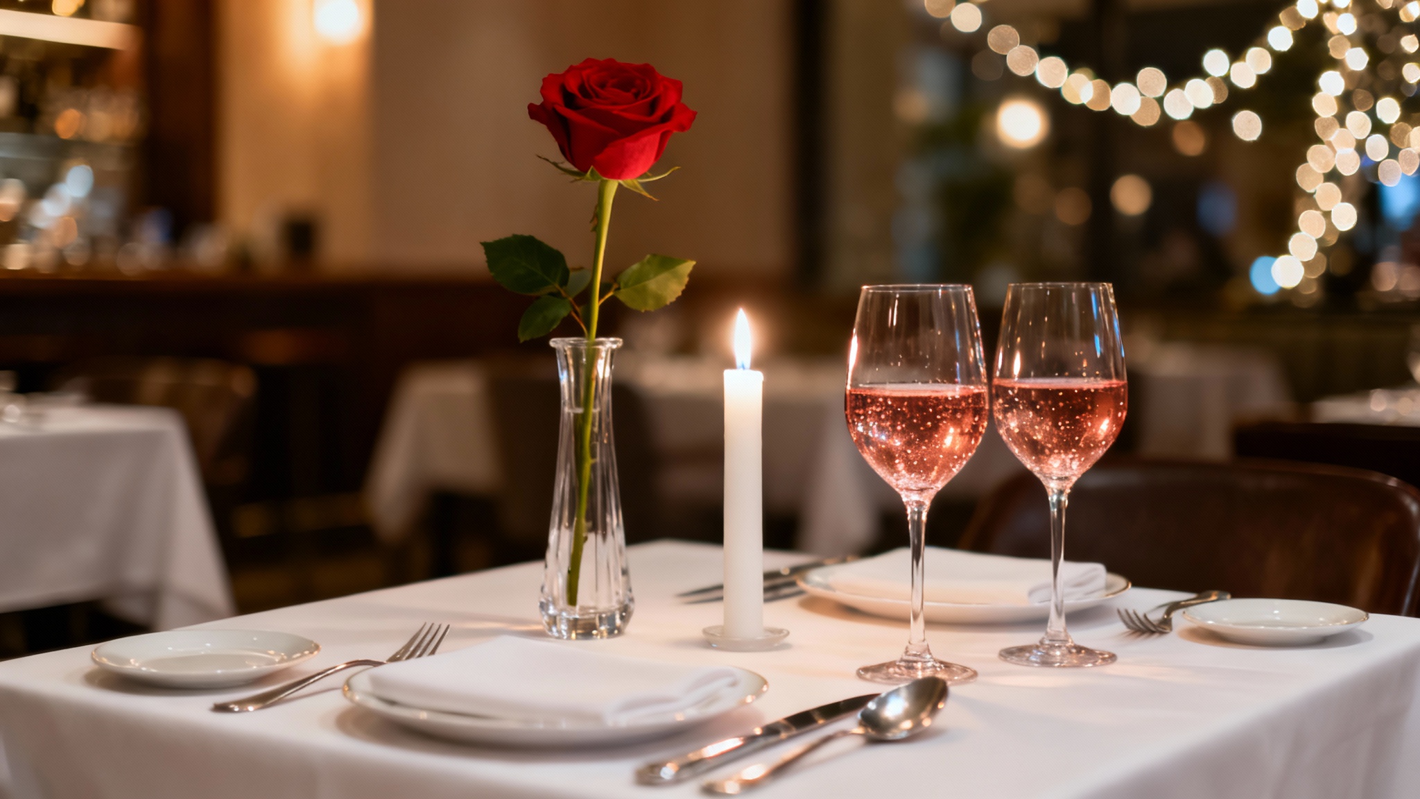 An intimate and romantic restaurant table setting for Valentine's Day, featuring a single red rose, two glasses of rosé, and soft candlelight.