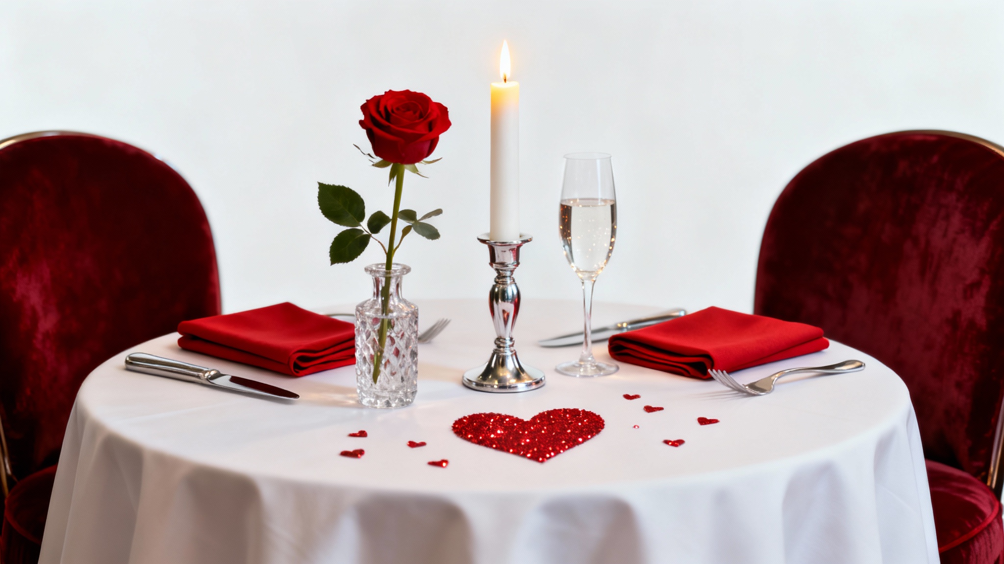 An elegantly decorated restaurant table for two for Valentine's Day, featuring a red rose, candlelight, and wine glasses against a white background.