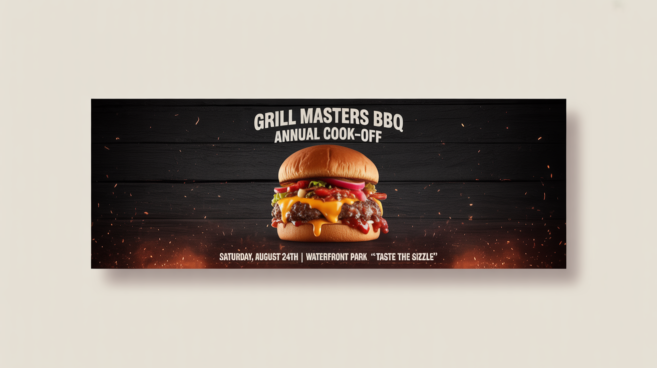 A mockup of a professional barbecue event banner advertising the 'GRILL MASTERS BBQ' Annual Cook-Off, featuring a large image of a burger and event details, set against a plain white background.