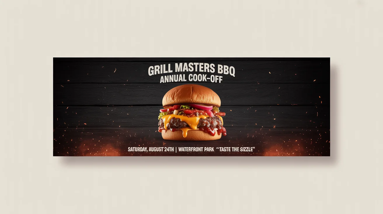 A mockup of a professional barbecue event banner advertising the 'GRILL MASTERS BBQ' Annual Cook-Off, featuring a large image of a burger and event details, set against a plain white background.