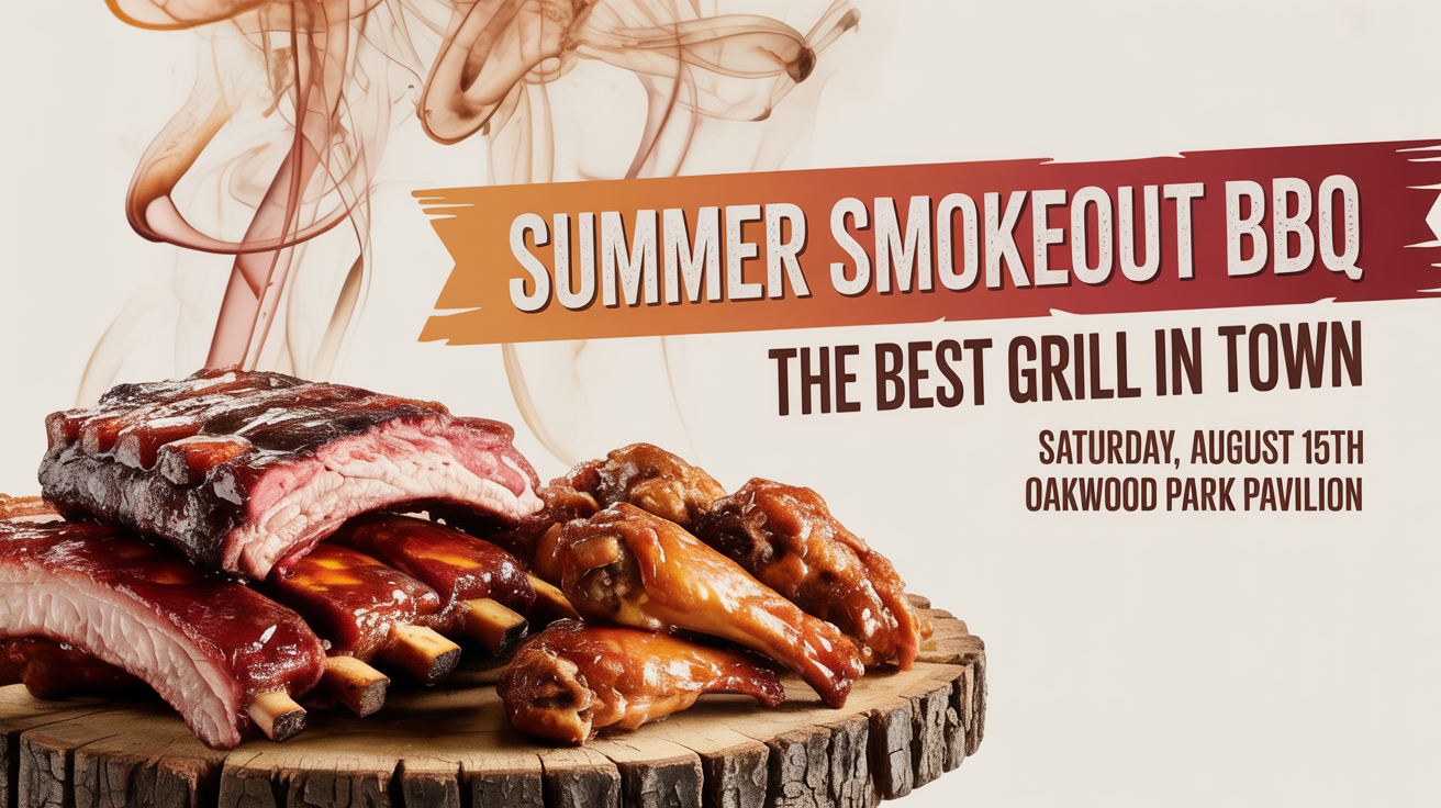 A barbecue banner design mockup for a 'Summer Smokeout BBQ' event, featuring a delicious photo of grilled ribs and chicken, with event details on a white background.