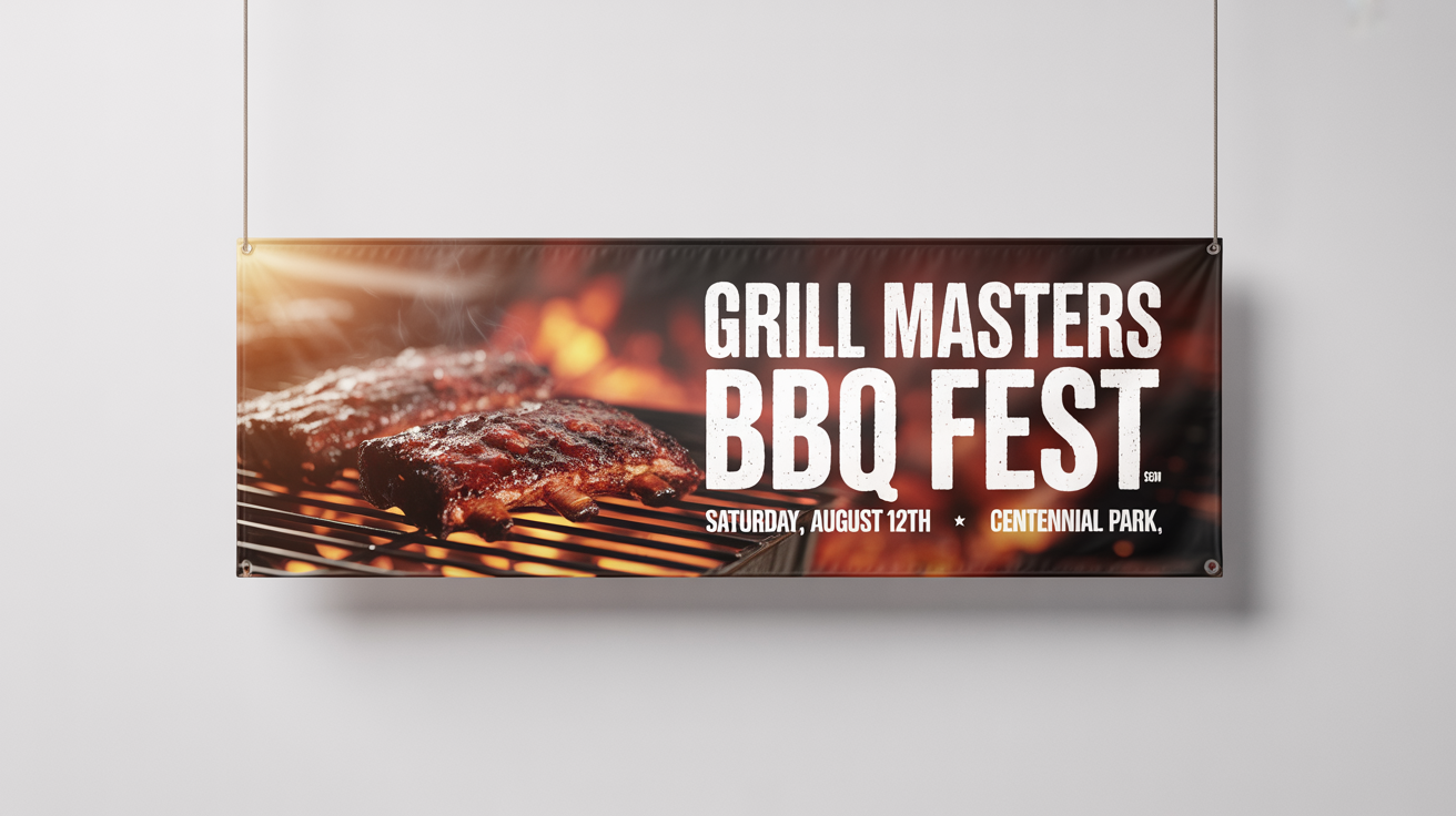 A professionally designed banner for a 'Grill Masters BBQ Fest', featuring images of saucy ribs and event details, presented as a mockup on a white background.
