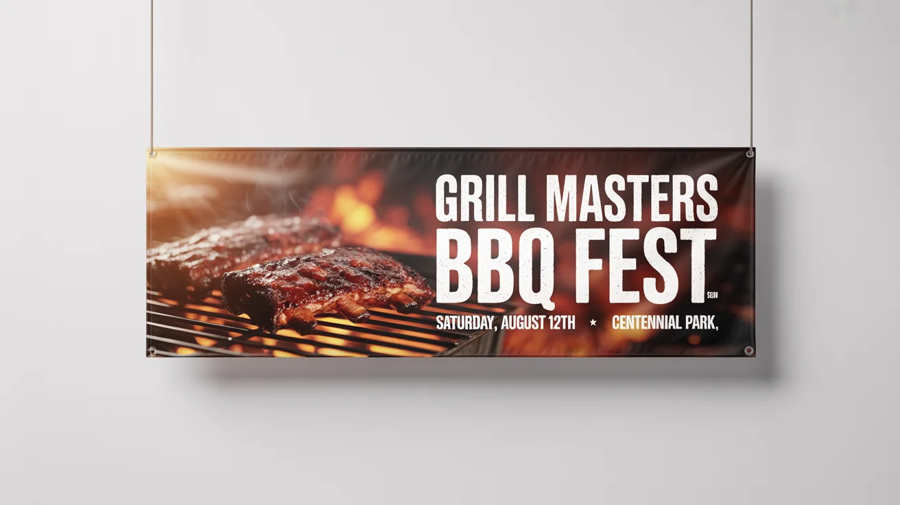 A professionally designed banner for a 'Grill Masters BBQ Fest', featuring images of saucy ribs and event details, presented as a mockup on a white background.