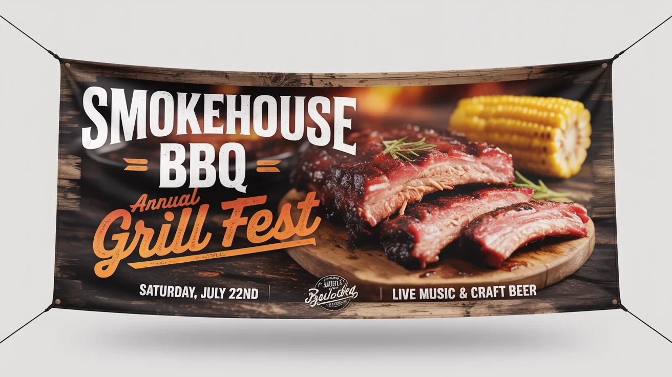 A mockup of a professionally designed banner for a 'Smokehouse BBQ Annual Grill Fest', featuring an image of barbecue ribs and brisket against a white background.