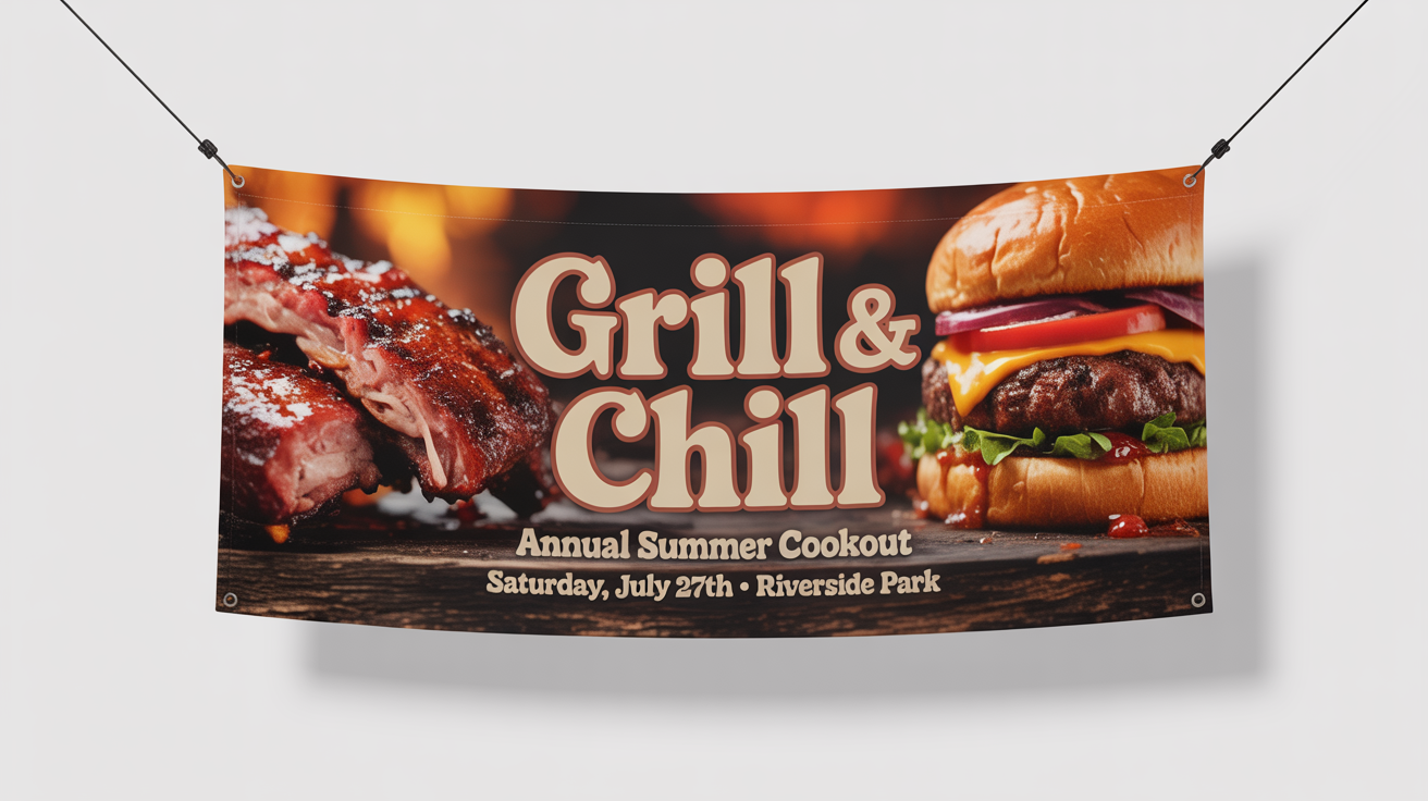 A mockup of a horizontal banner for a 'Grill & Chill' summer cookout. The banner has a dark wood background, a picture of BBQ ribs and a burger, and includes event details.
