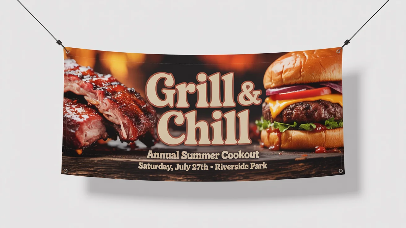 A mockup of a horizontal banner for a 'Grill & Chill' summer cookout. The banner has a dark wood background, a picture of BBQ ribs and a burger, and includes event details.