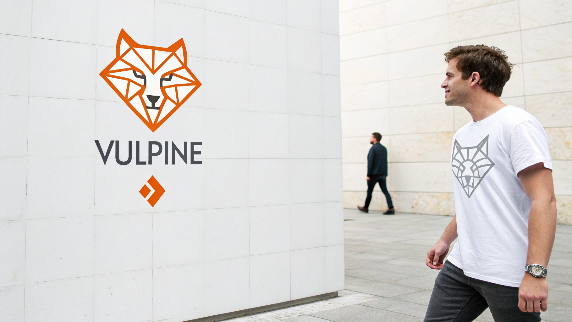 A graphic demonstrating the process of extracting an icon from a logo. On the left is a full logo with a geometric fox icon and the text 'Vulpine'. An arrow points to the right, where the fox icon is shown isolated by itself.