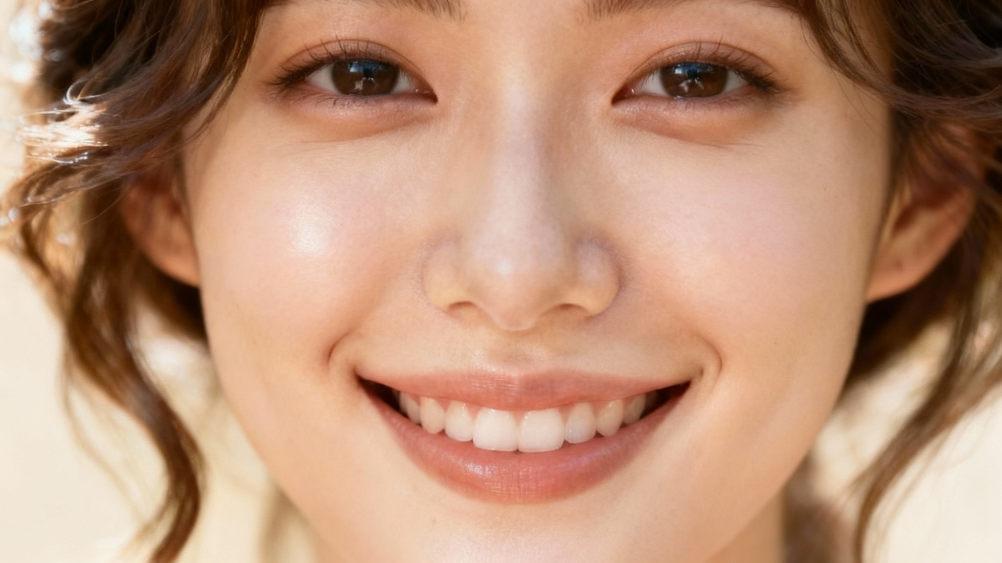 A close-up hero image of a woman's face after using a skin smoothing tool, showing her with perfectly flawless, radiant, and smooth skin.
