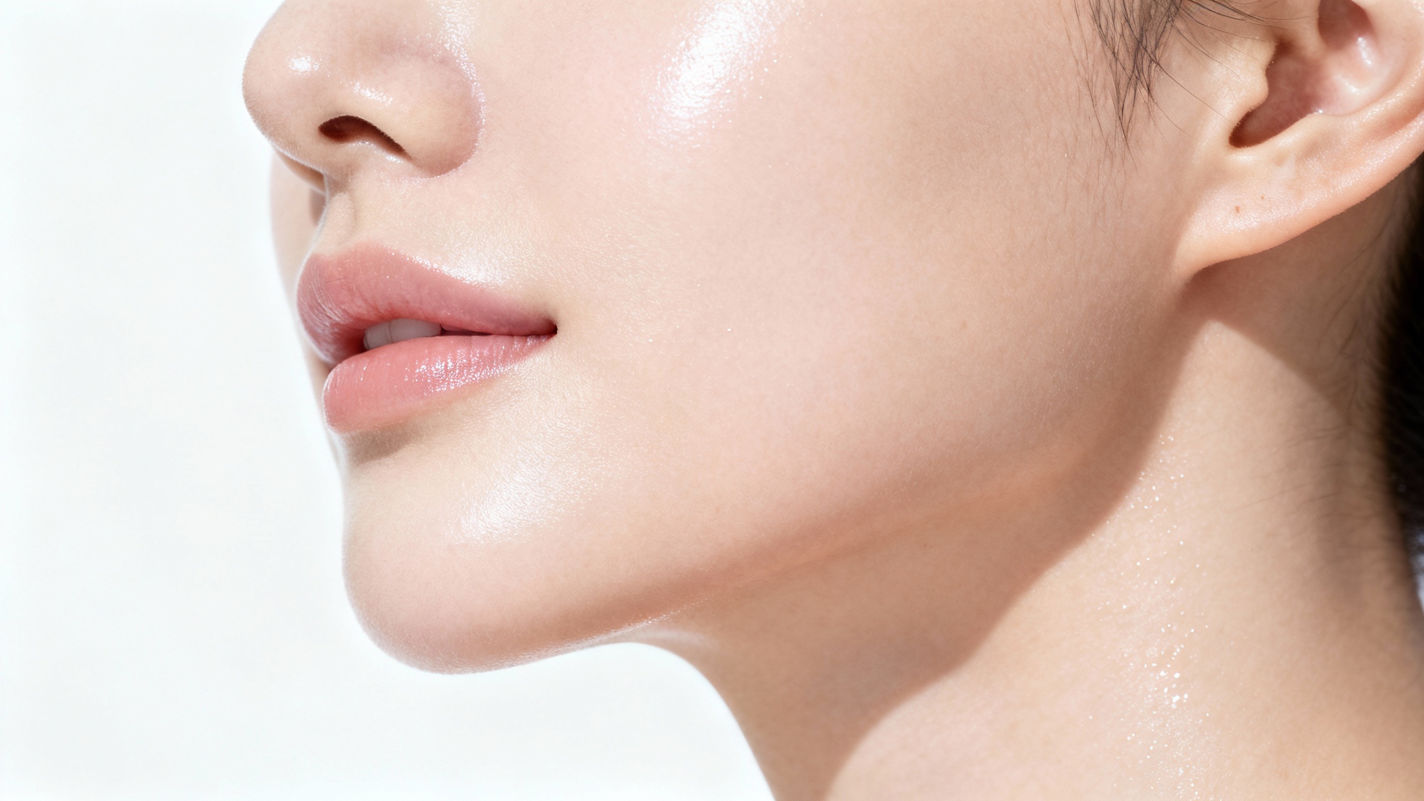 A hyper-realistic macro shot of a woman's perfectly smooth, glowing cheek against a white background, demonstrating the result of effective skincare.