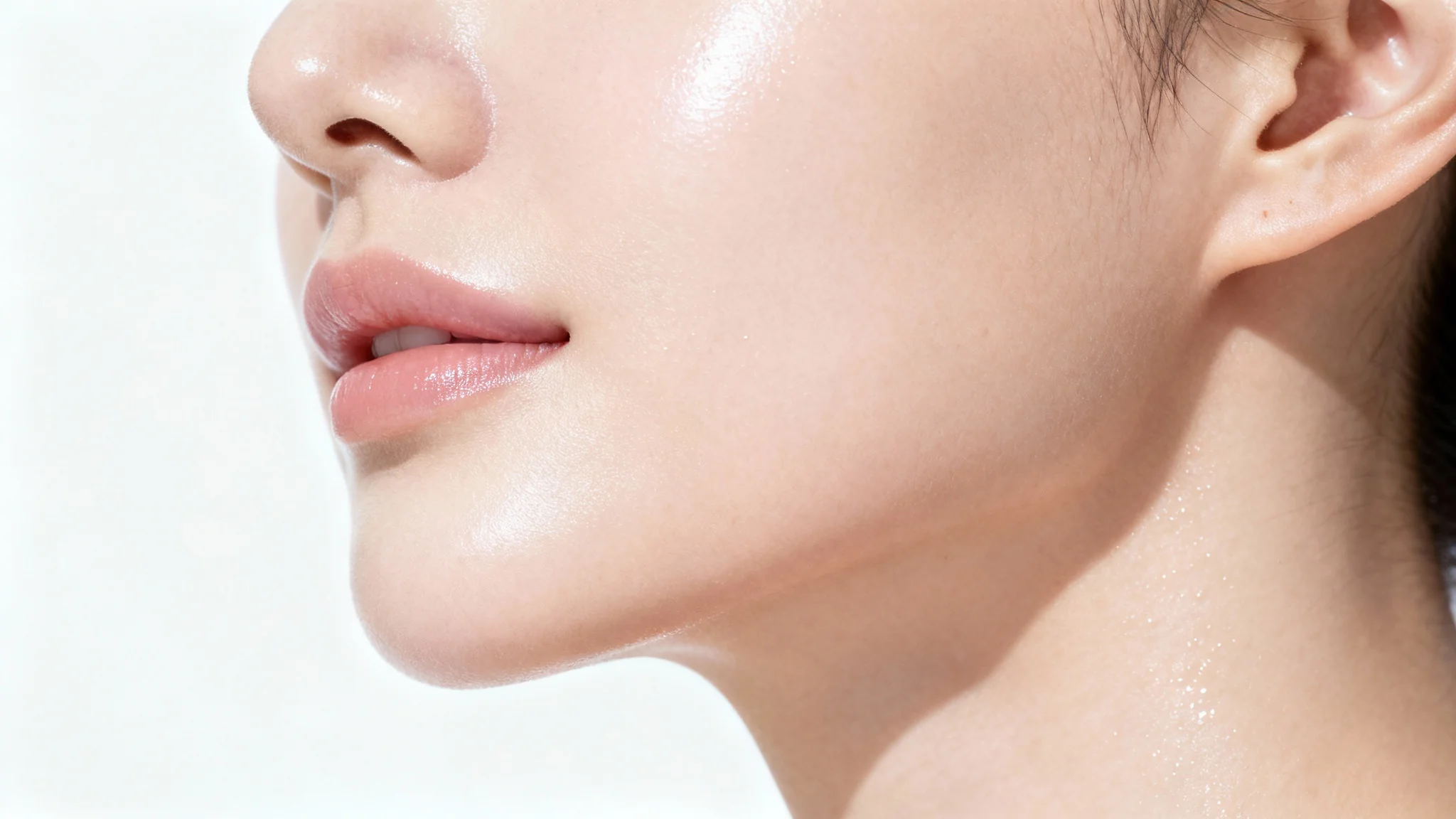 A hyper-realistic macro shot of a woman's perfectly smooth, glowing cheek against a white background, demonstrating the result of effective skincare.