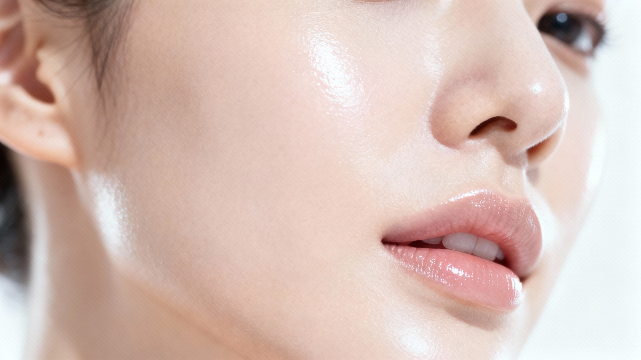A close-up macro photograph of a woman's cheek, showcasing perfectly smooth, glowing, and flawless skin against a clean white background.