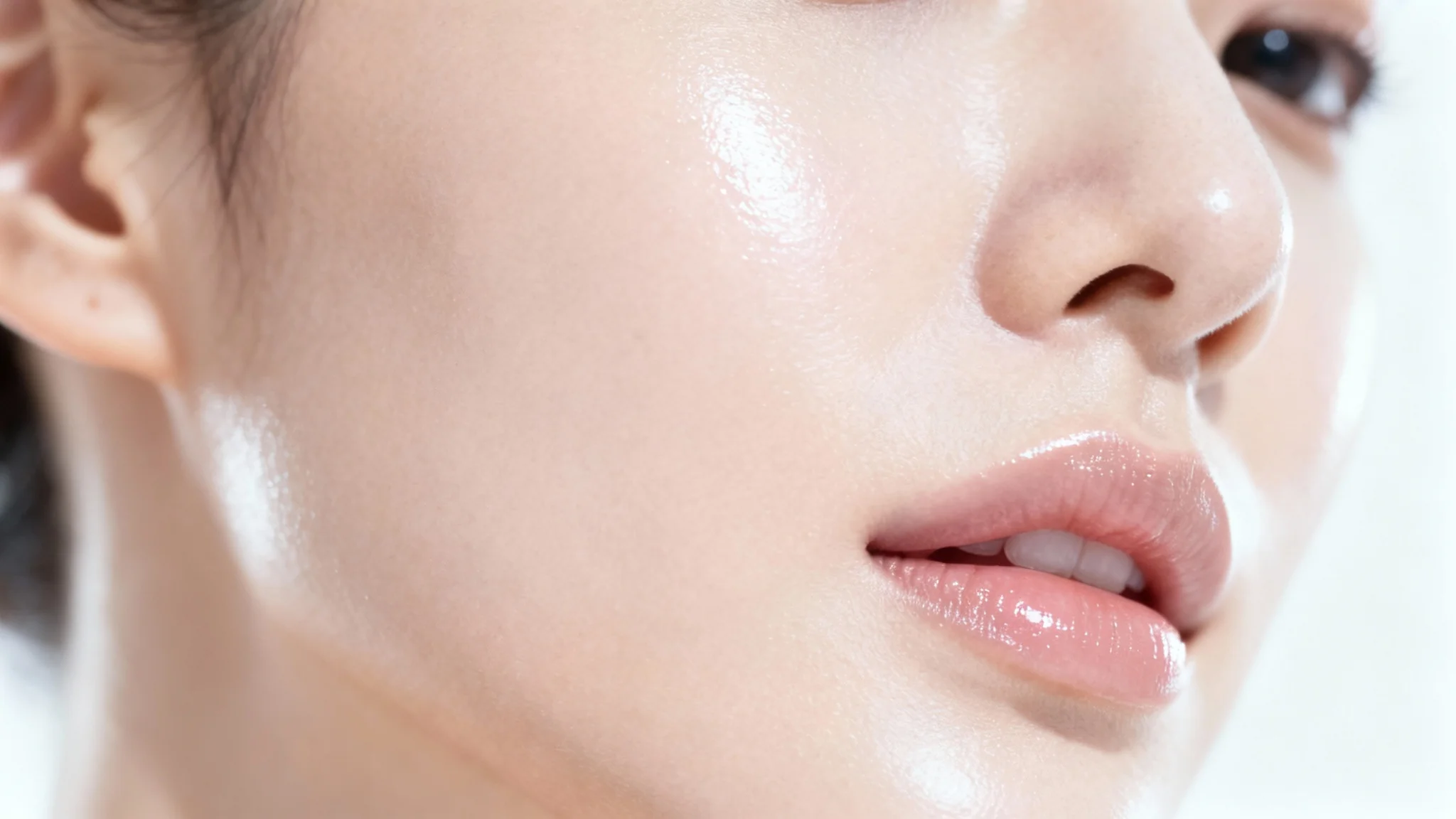A close-up macro photograph of a woman's cheek, showcasing perfectly smooth, glowing, and flawless skin against a clean white background.