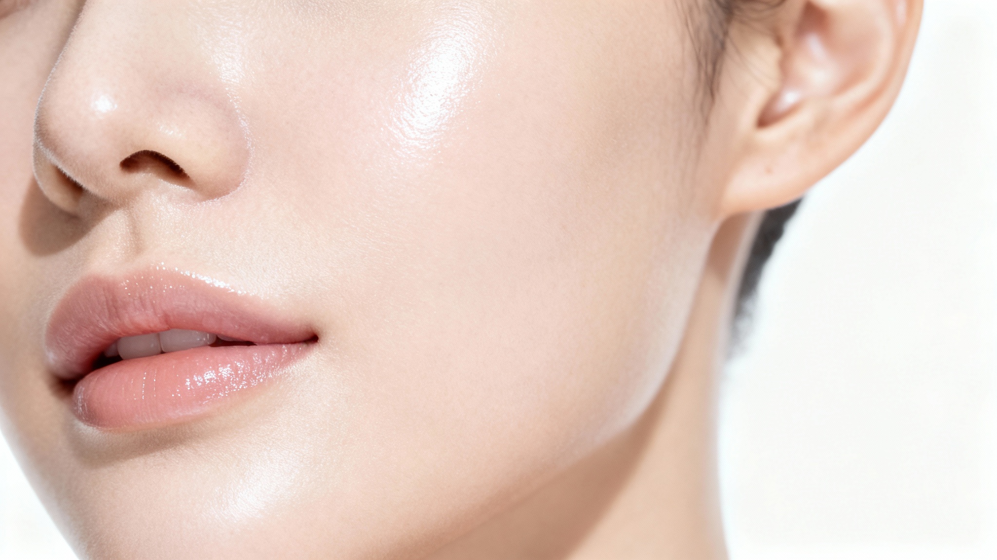 A macro close-up image of a woman's cheek, showcasing exceptionally smooth, flawless, and radiant skin against a stark white background.
