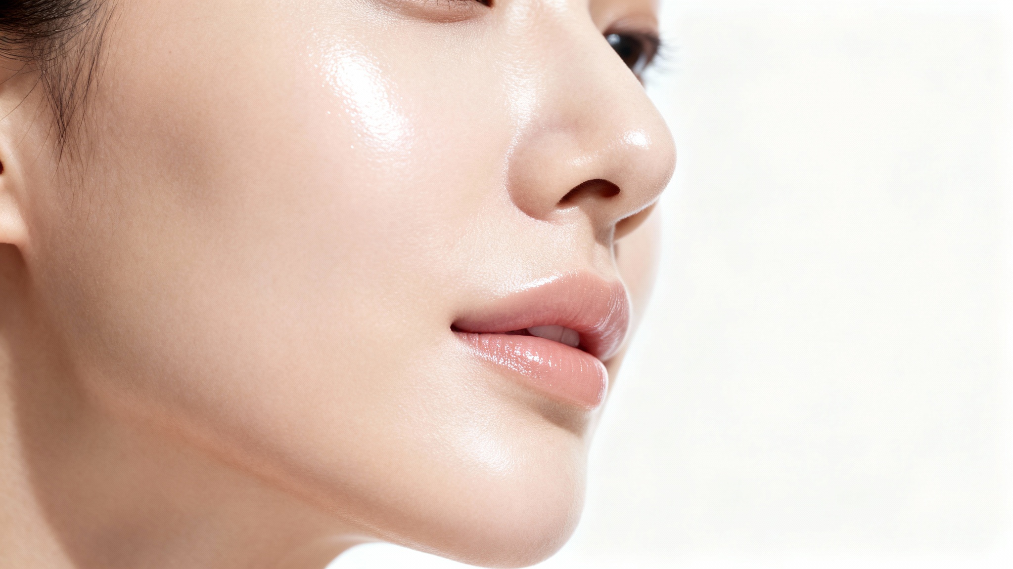 A close-up, macro photograph of perfectly smooth and glowing human skin, showcasing a flawless and hydrated texture against a clean white background.
