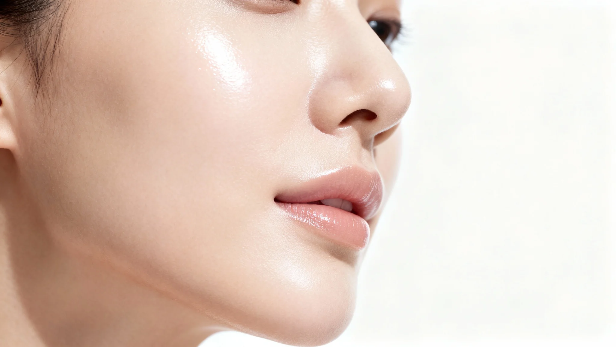 A close-up, macro photograph of perfectly smooth and glowing human skin, showcasing a flawless and hydrated texture against a clean white background.