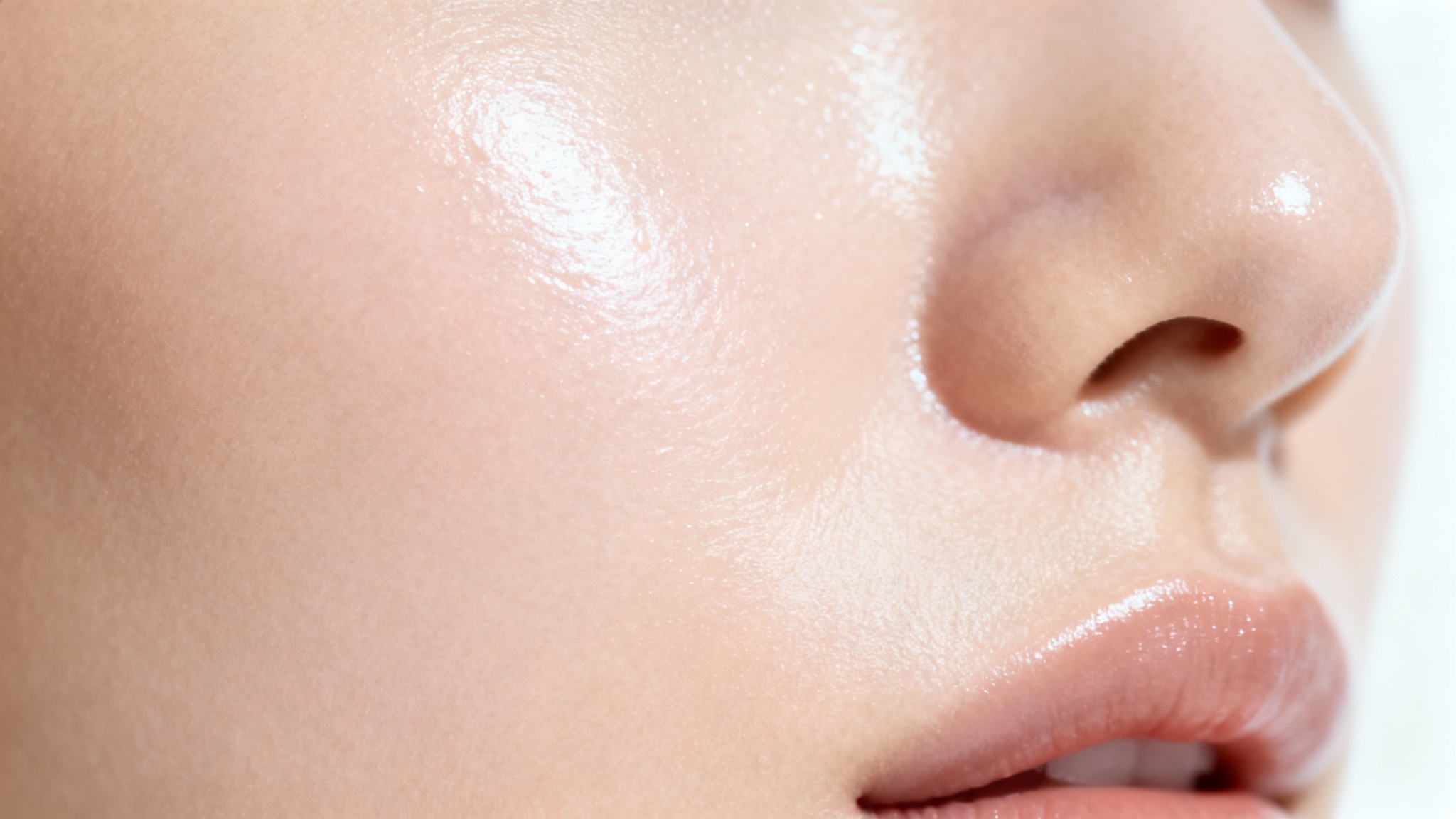 A close-up, photorealistic image of a woman's cheek, showcasing perfectly smooth and glowing skin against a stark white background.