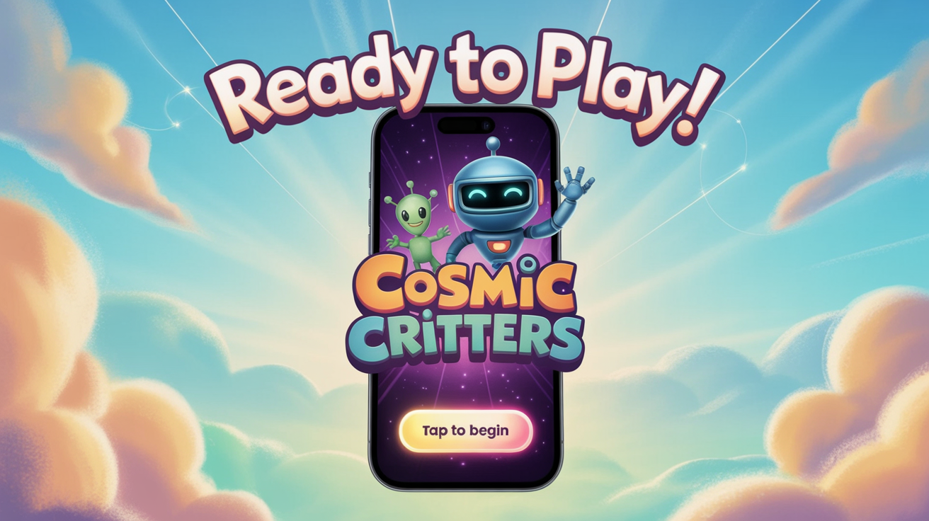 The final result of using a mobile game start screen template. An oversized smartphone displays a game screen with a robot and alien, with text above reading 'READY TO PLAY!' and a 'TAP TO BEGIN' button below, all against a sunny sky.