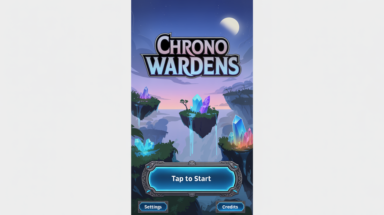 A mockup of a mobile game start screen for a fantasy game called 'Chrono Wardens', showing a beautiful landscape with floating islands and a prominent 'Tap to Start' button, all displayed on a clean white background.