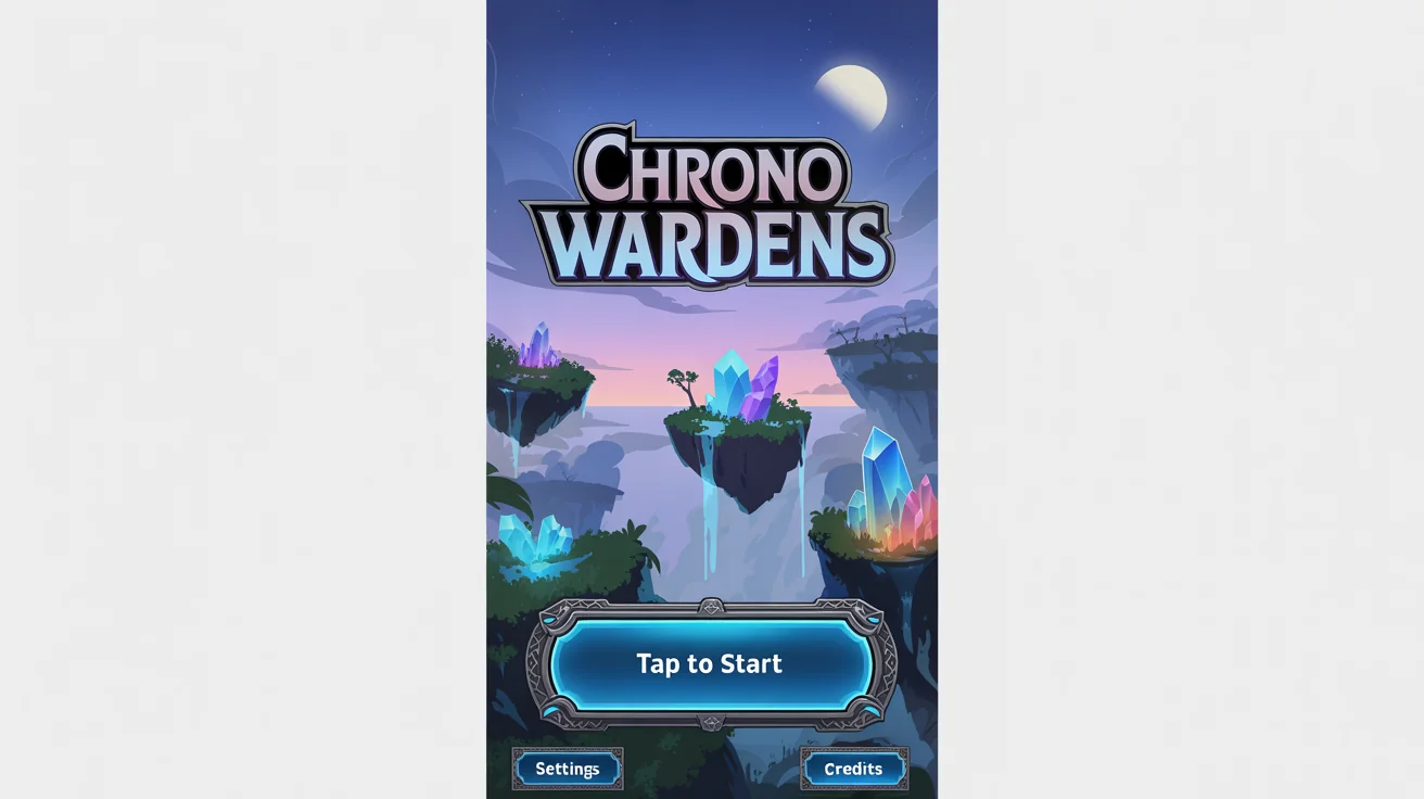 A mockup of a mobile game start screen for a fantasy game called 'Chrono Wardens', showing a beautiful landscape with floating islands and a prominent 'Tap to Start' button, all displayed on a clean white background.
