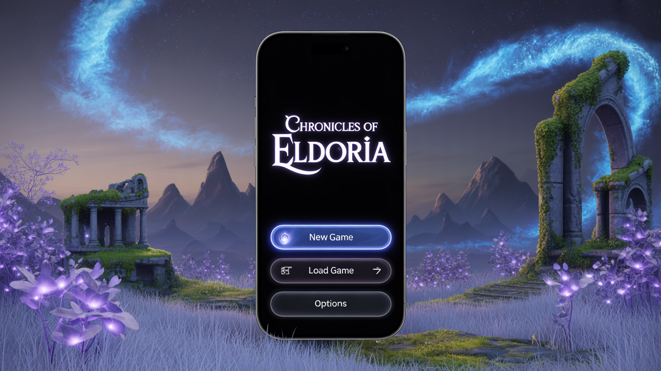 A mockup of a fantasy RPG mobile game start screen titled 'Chronicles of Eldoria', featuring a mystical forest background and a 'New Game' button, set against a white background.