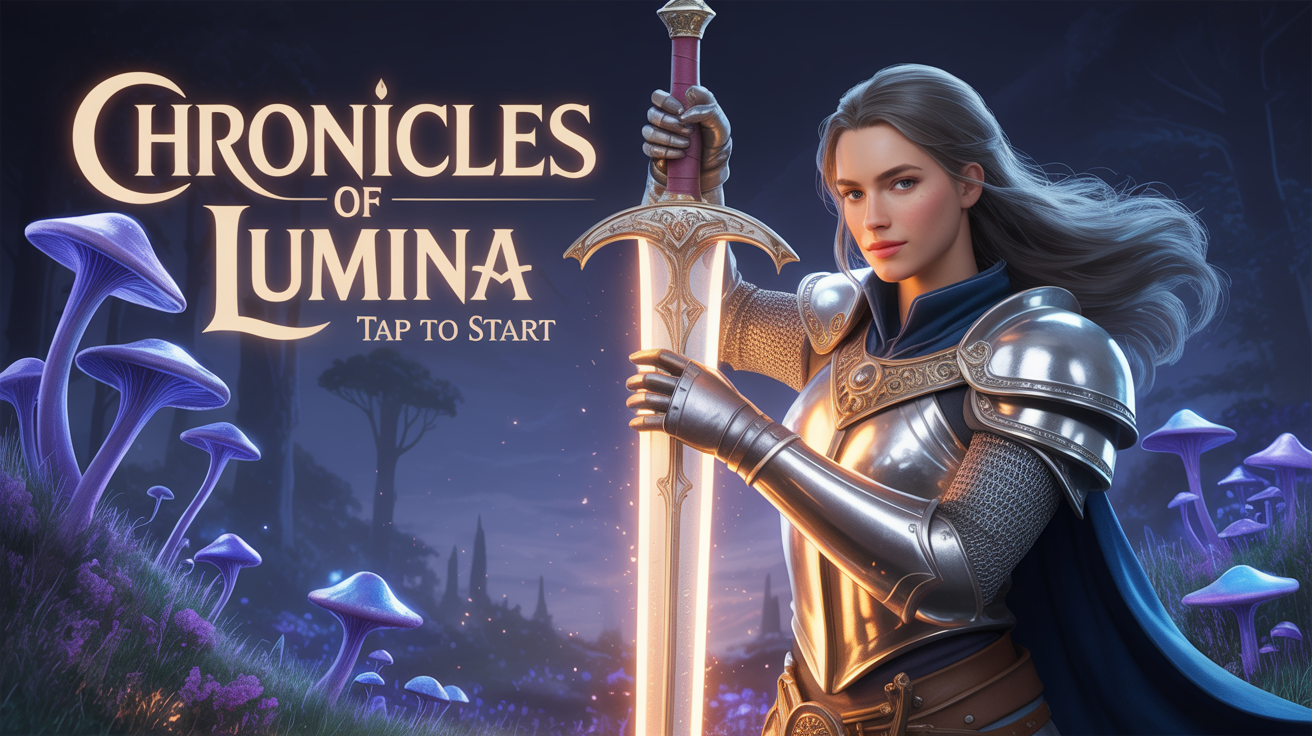 A mockup of a mobile game start screen for a fantasy RPG titled 'Chronicles of Lumina', showing a female knight with a glowing sword in a magical forest.