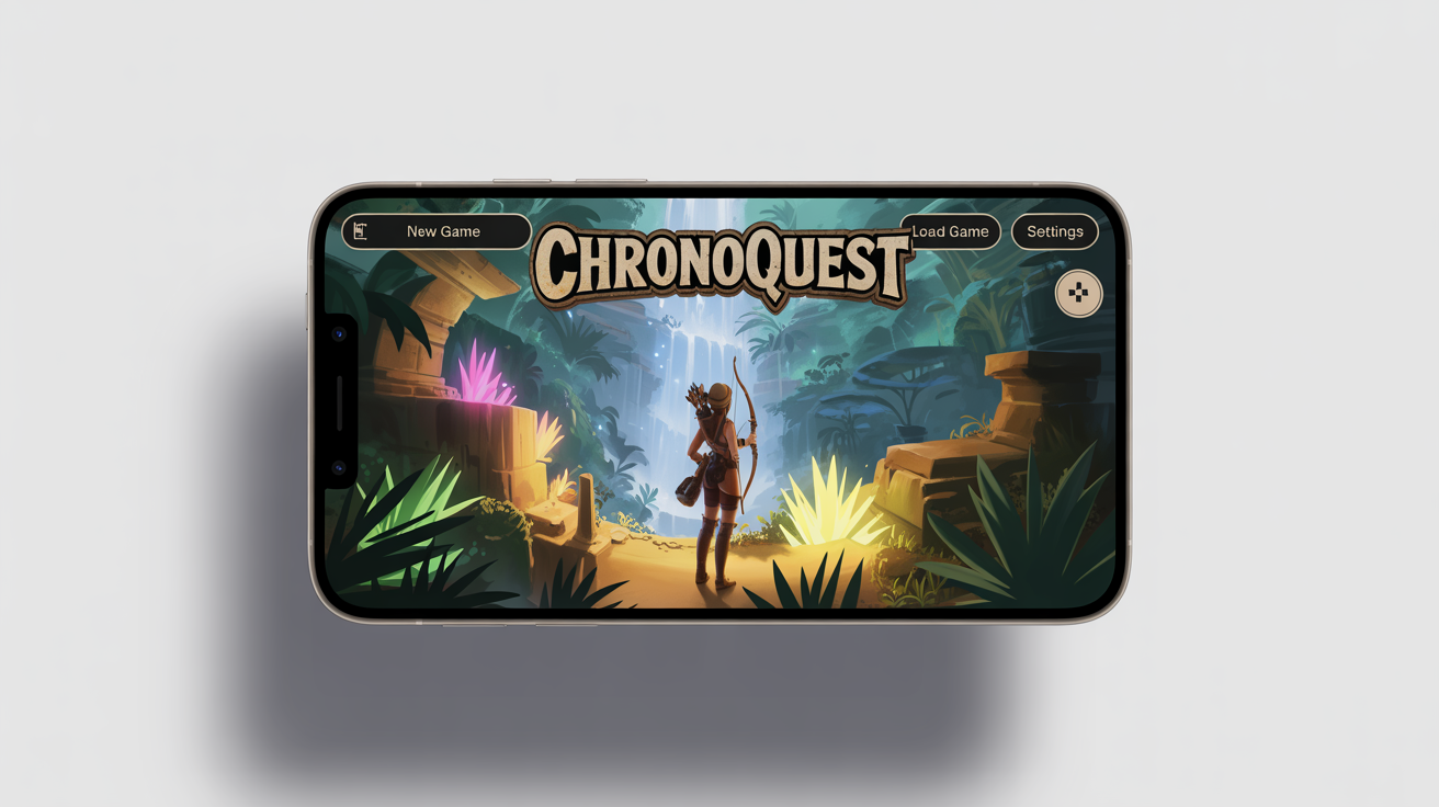 A mockup of a smartphone displaying the start screen for a fantasy adventure mobile game titled 'ChronoQuest', set against a plain white background.