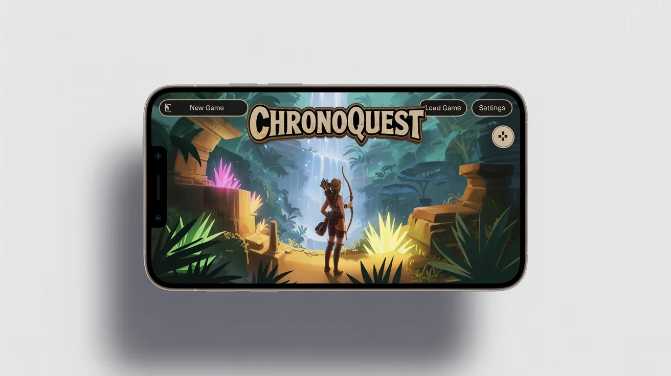 A mockup of a smartphone displaying the start screen for a fantasy adventure mobile game titled 'ChronoQuest', set against a plain white background.