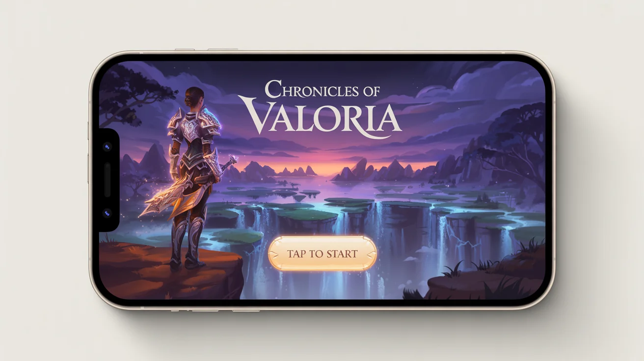 A mockup of a smartphone displaying a mobile game start screen for a fantasy RPG named 'Chronicles of Valoria'. The screen shows a female warrior overlooking a fantasy landscape, with a 'Tap to Start' button.