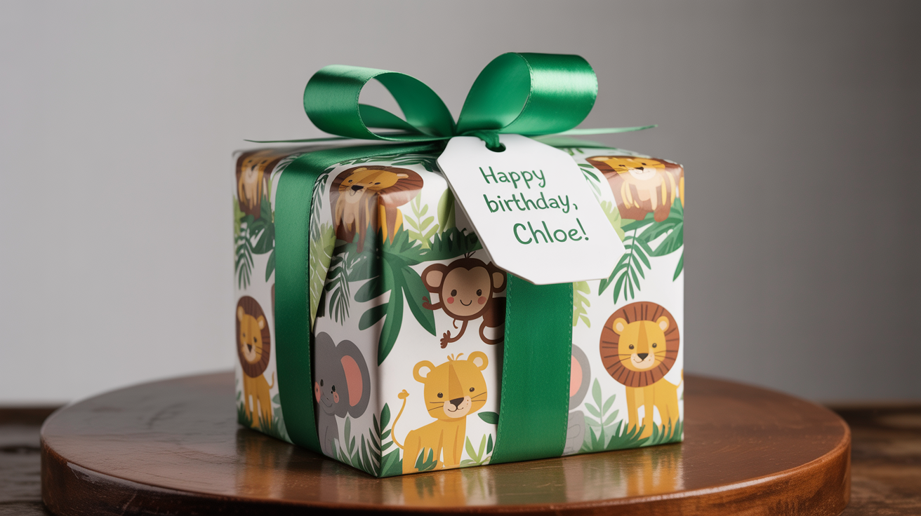 A professionally wrapped children's birthday gift with custom jungle safari-themed paper, featuring a gift tag that reads 'Happy Birthday, Chloe!', set against a clean white background.