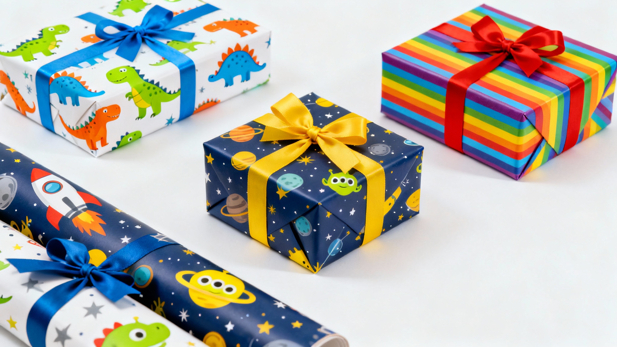 A collection of beautifully wrapped children's gifts featuring colorful dinosaur, space, and rainbow-striped patterns, arranged neatly against a clean white background.