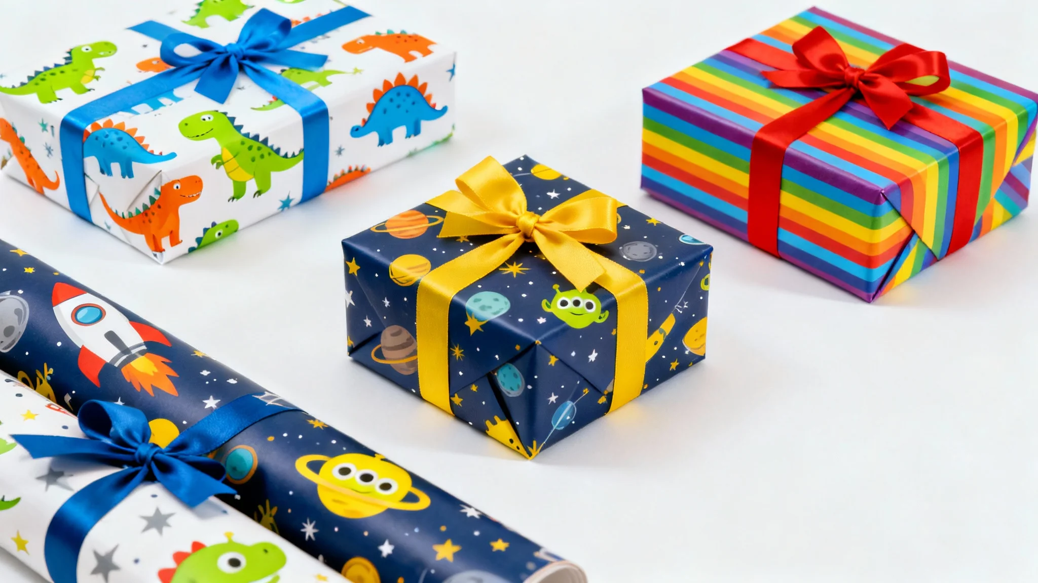 A collection of beautifully wrapped children's gifts featuring colorful dinosaur, space, and rainbow-striped patterns, arranged neatly against a clean white background.