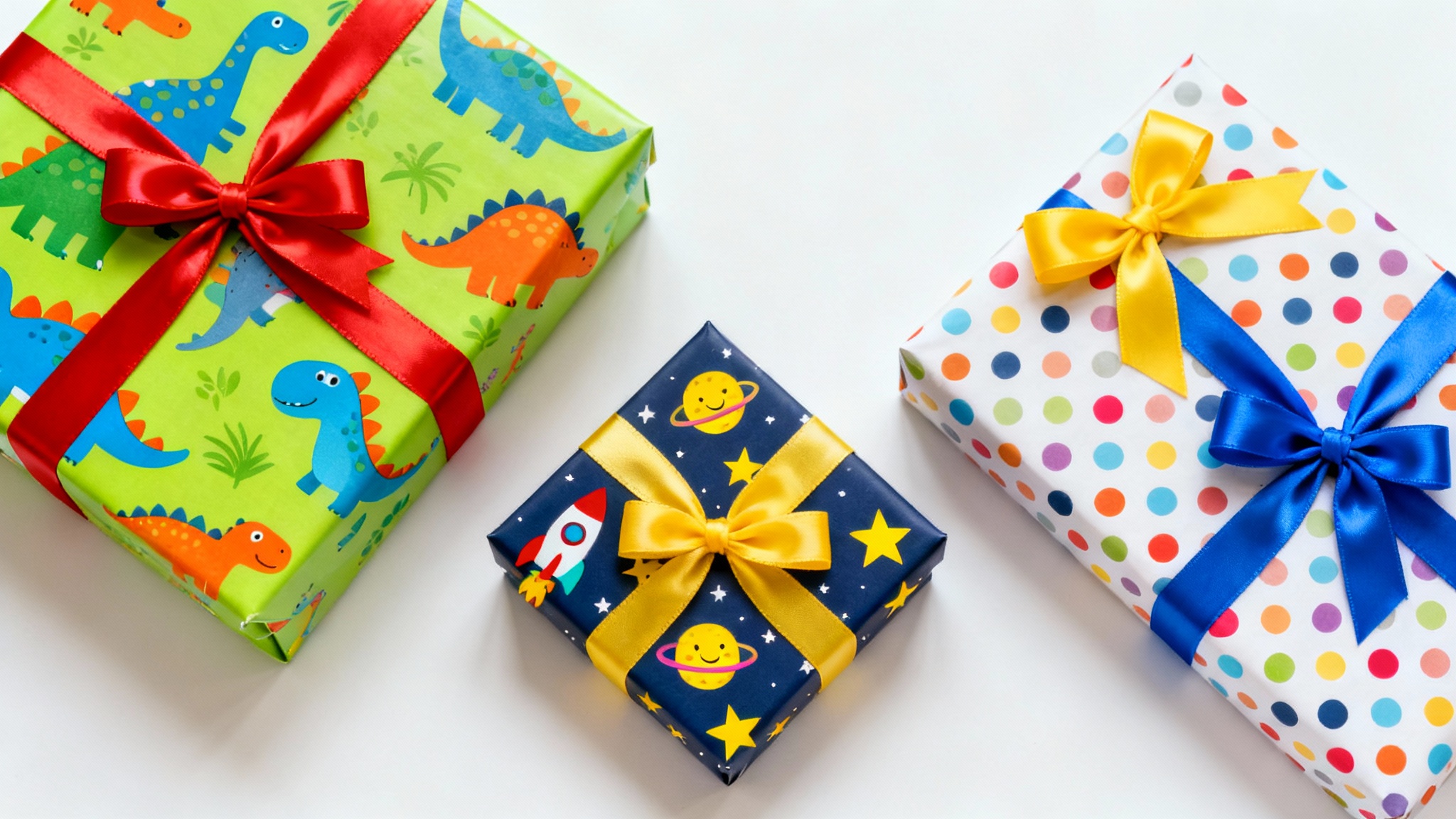 A top-down view of three colorfully wrapped children's gifts on a white background. The wrapping paper designs include dinosaurs, space themes, and polka dots.