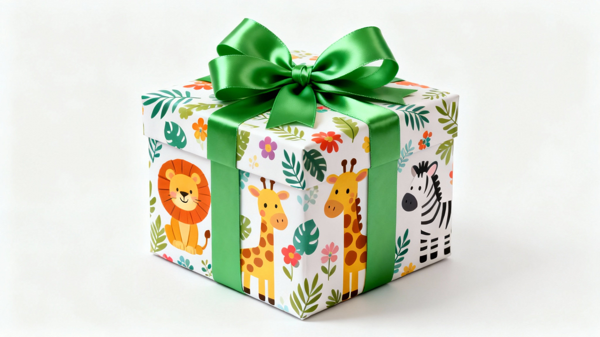 A mockup of a child's gift wrapped in colorful safari animal paper and tied with a big green bow, set against a plain white background.