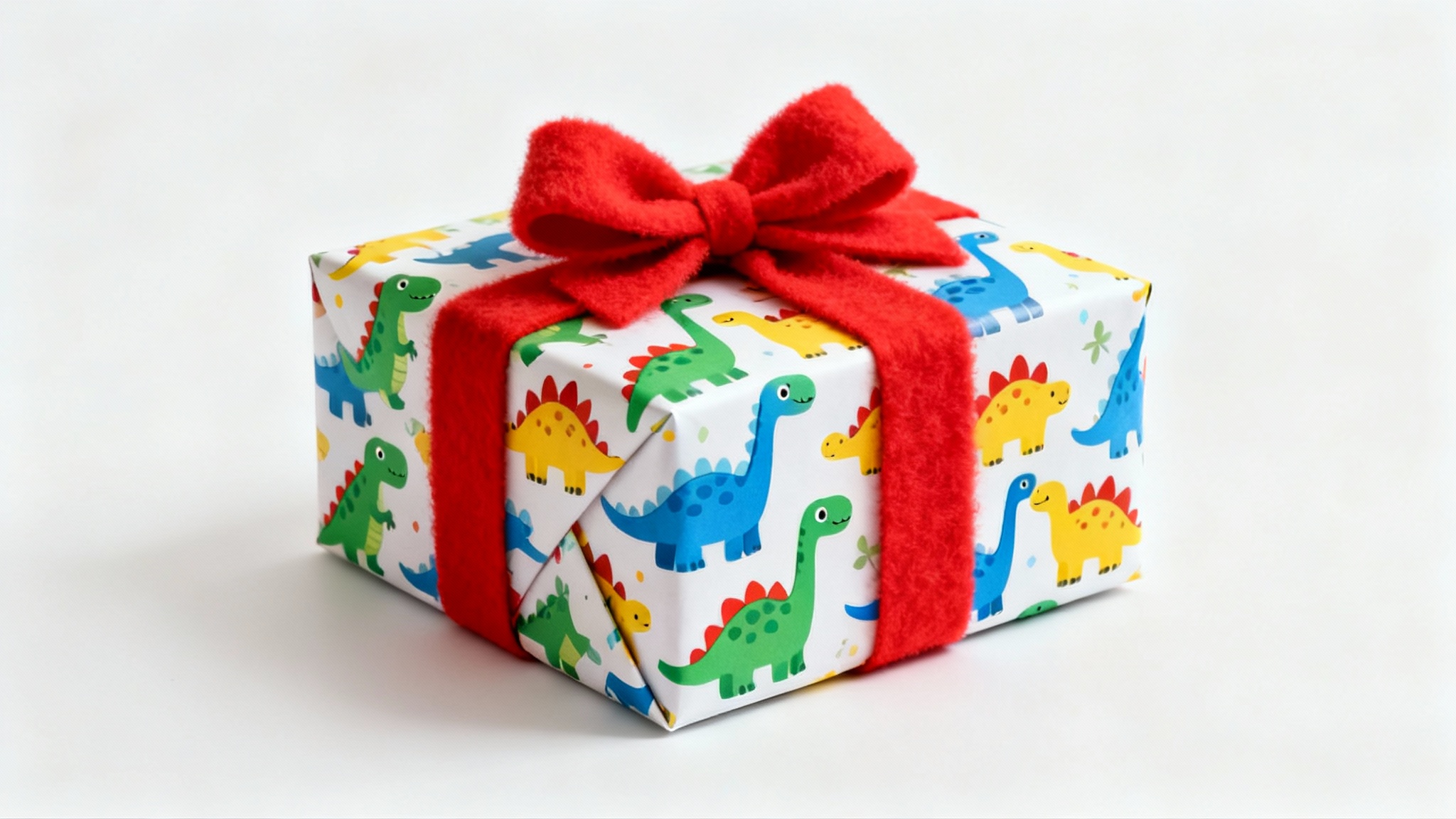 A children's gift box wrapped in colorful paper with a cartoon dinosaur pattern and a bright red bow, set against a plain white background.