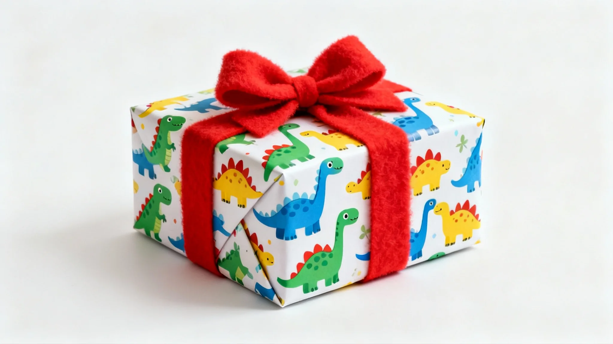 A children's gift box wrapped in colorful paper with a cartoon dinosaur pattern and a bright red bow, set against a plain white background.
