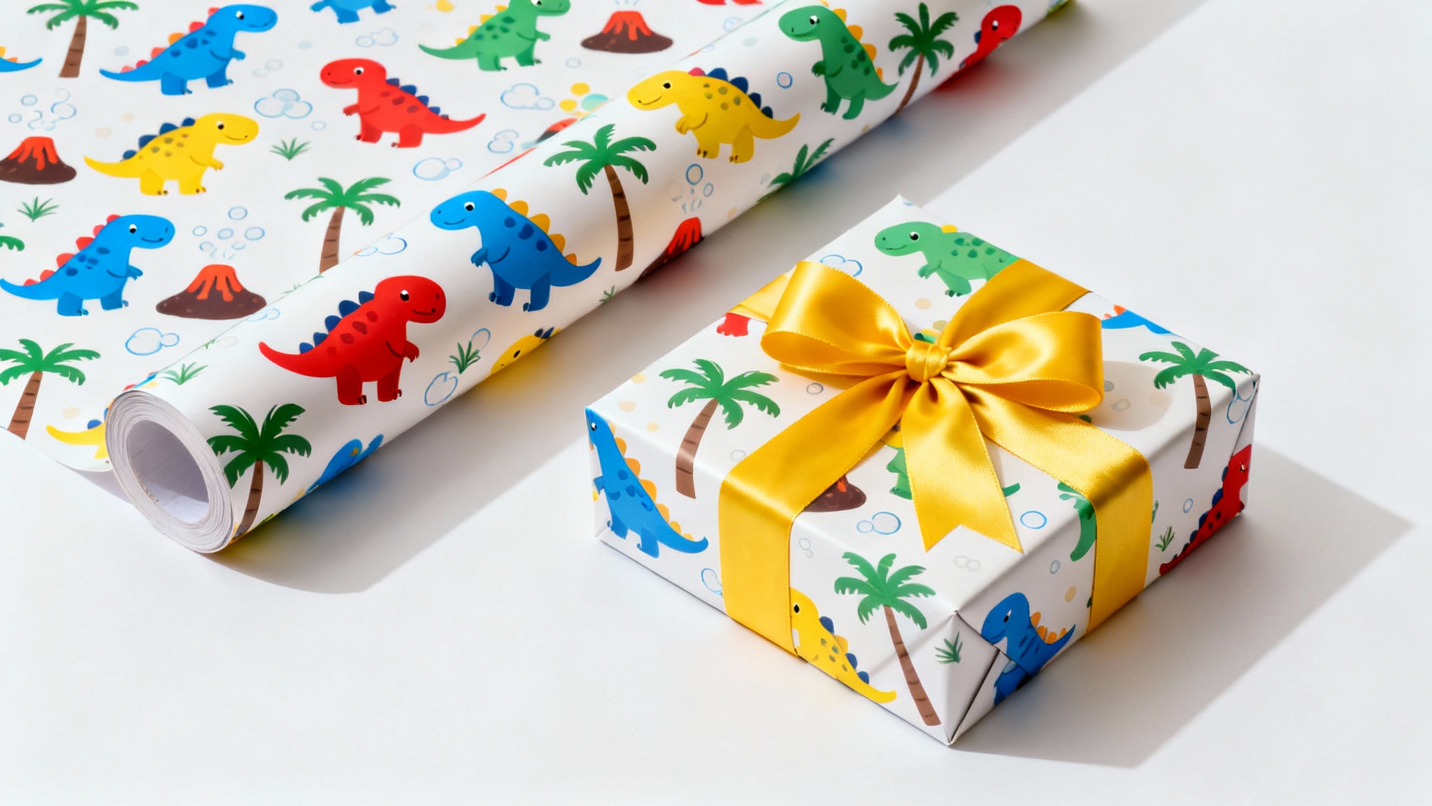 A mockup of colorful kids' gift wrapping paper featuring cartoon dinosaurs, shown as a roll and a wrapped gift box with a yellow ribbon, on a clean white background.