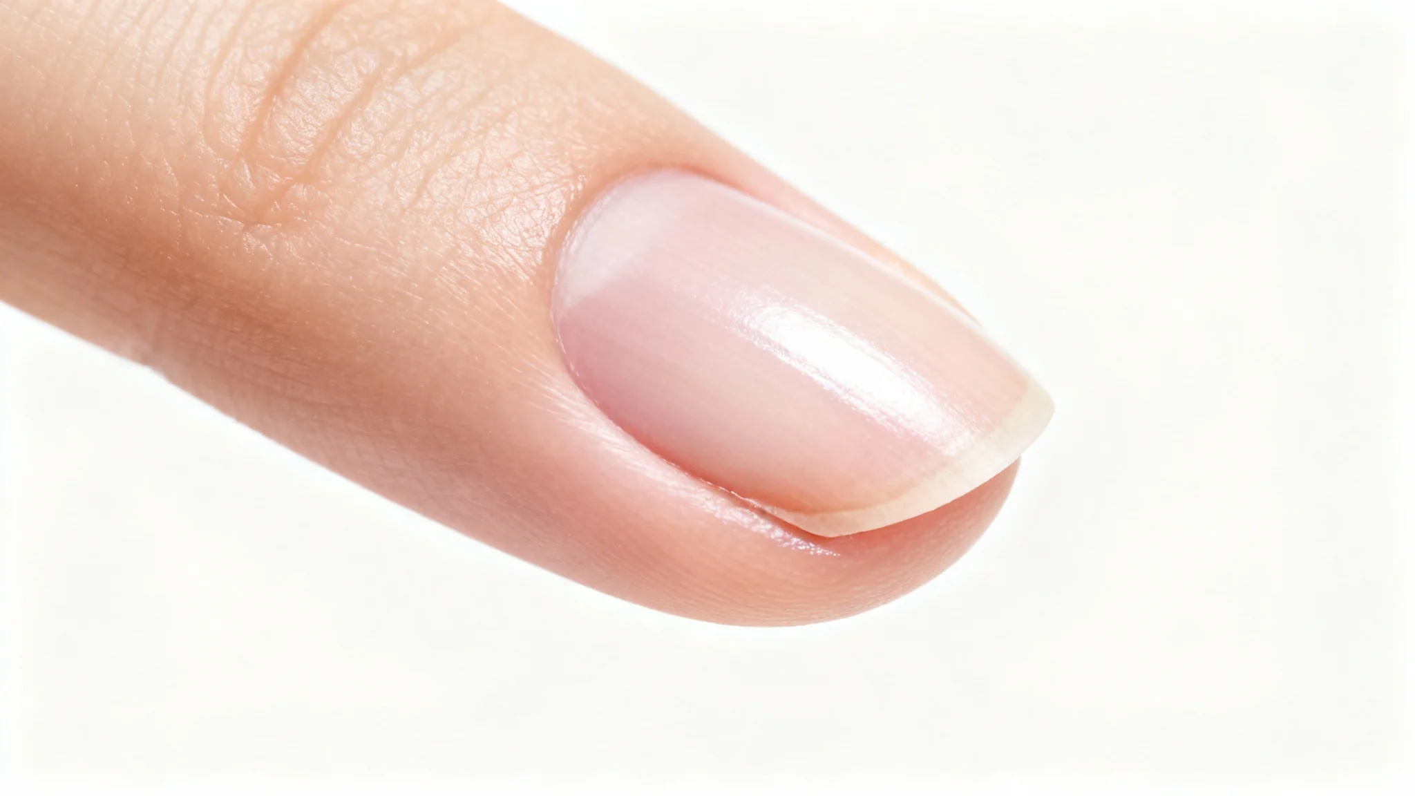 An extreme close-up photo of a perfectly manicured finger, showing smooth, flawless skin with no hangnail, illustrating the result of photo editing.