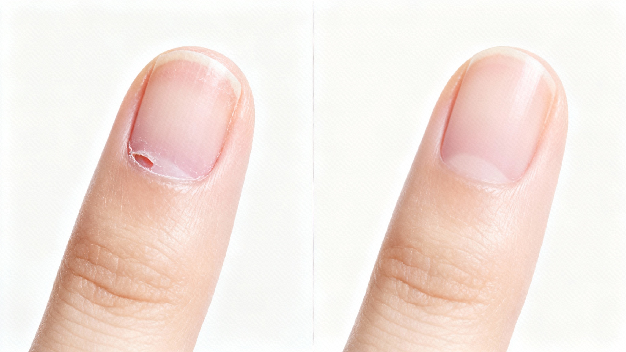 A before-and-after comparison image. On the left, a close-up of a finger with a hangnail. On the right, the same finger with the hangnail removed and the skin looking perfectly smooth.