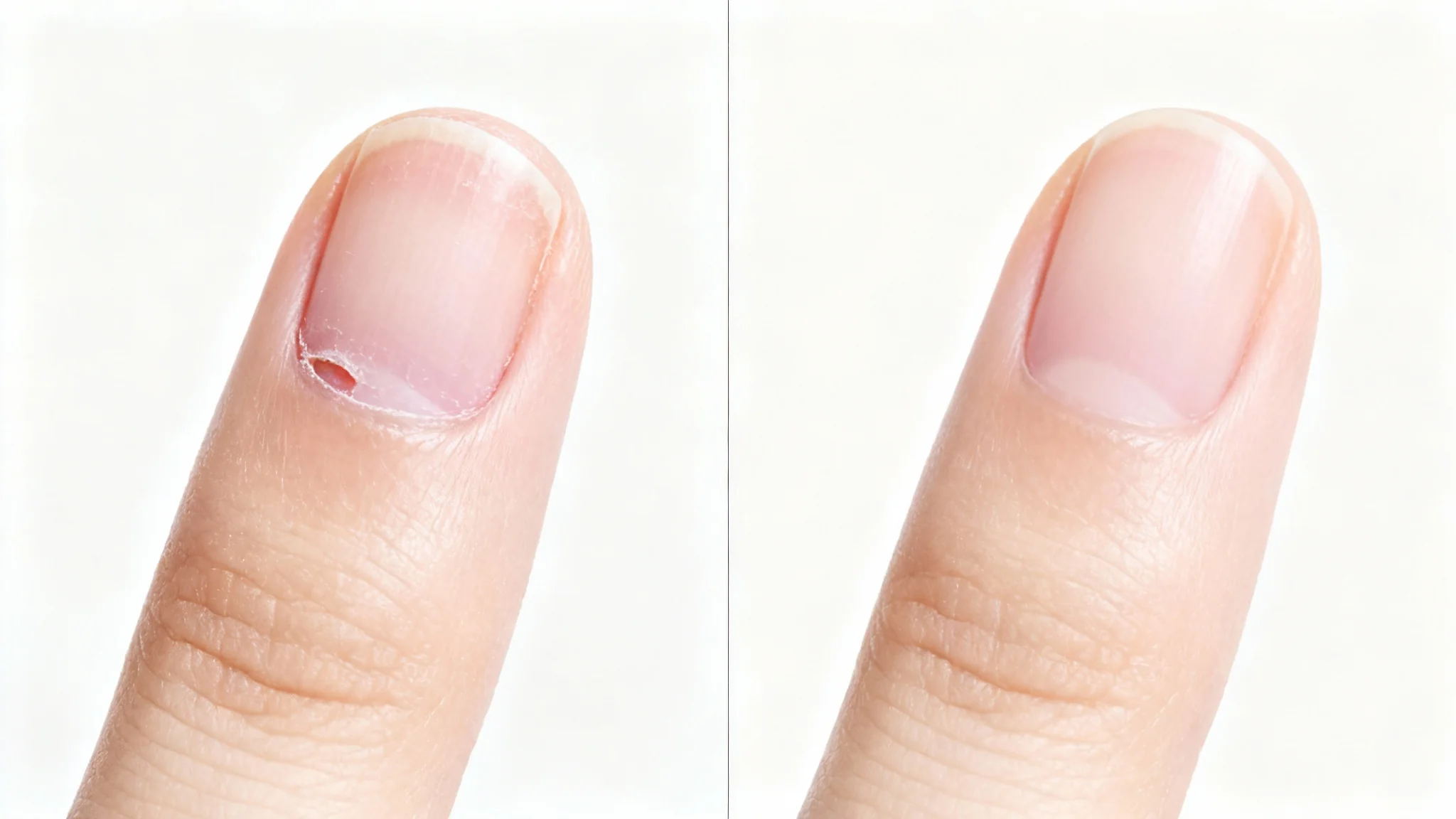A before-and-after comparison image. On the left, a close-up of a finger with a hangnail. On the right, the same finger with the hangnail removed and the skin looking perfectly smooth.