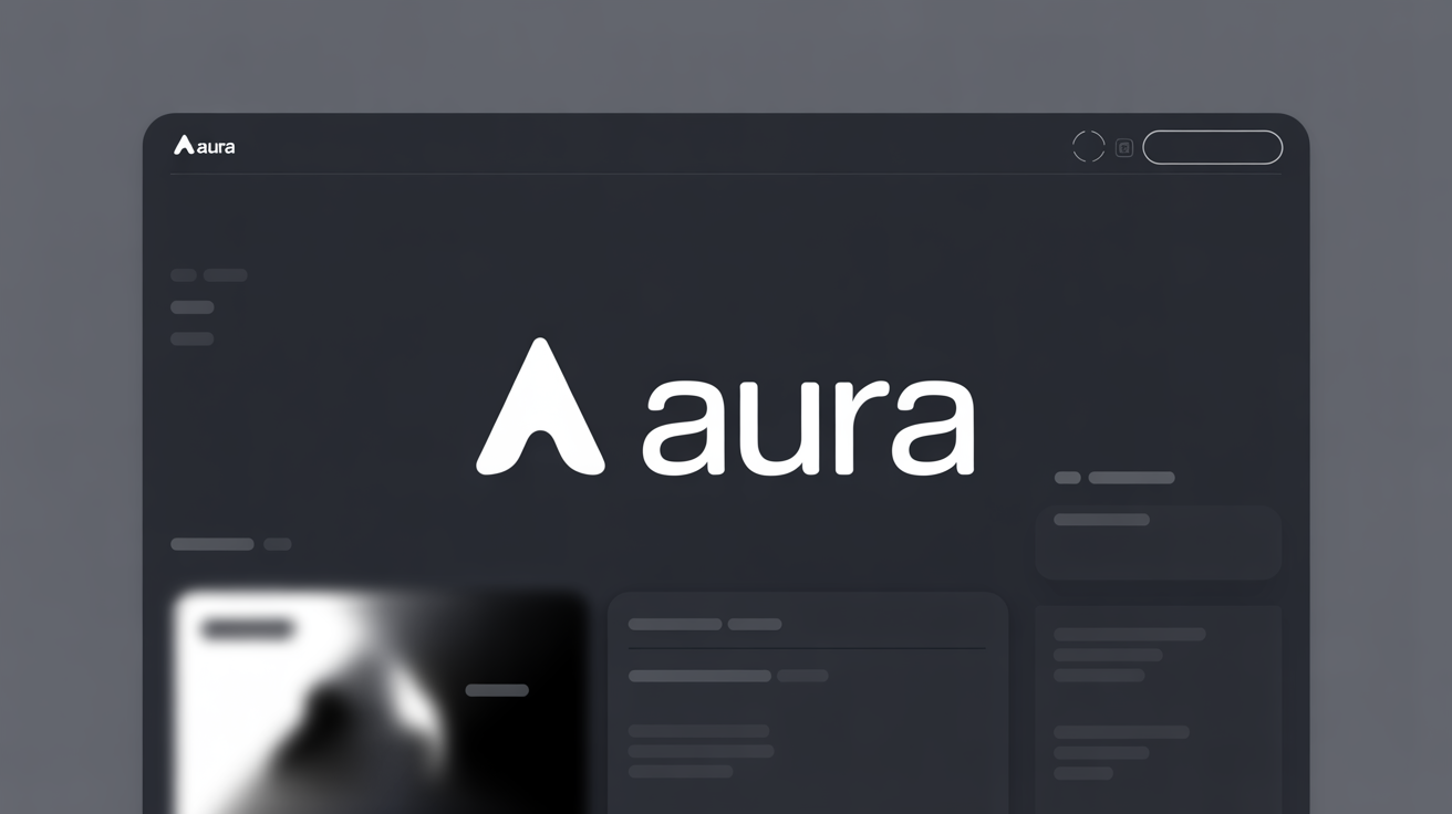 A sleek, white logo for the fictional brand 'AURA' displayed on a website with a dark mode interface, demonstrating a dark mode logo design.