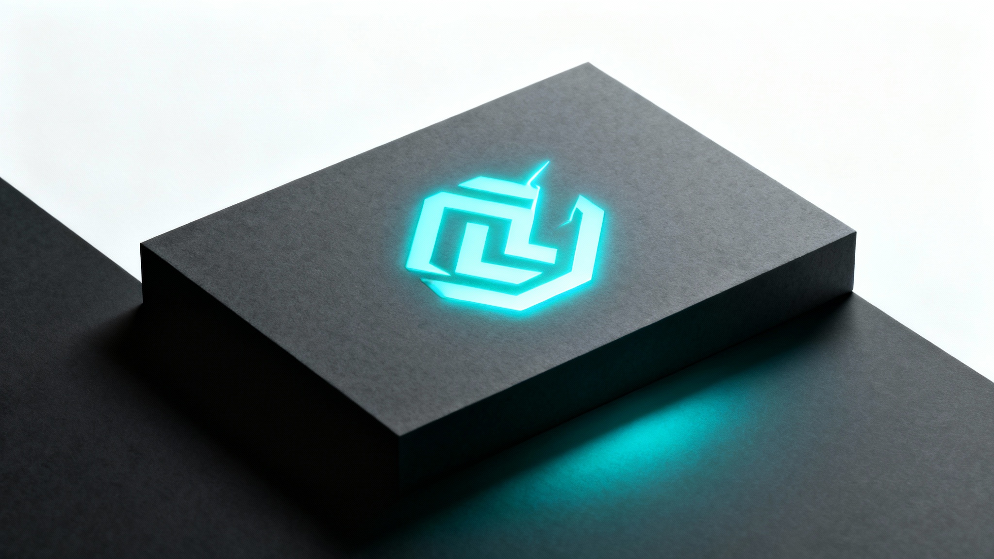 A mockup of a glowing neon blue abstract logo designed for dark mode, displayed on a dark rectangular block against a clean white background, highlighting its visibility and style.