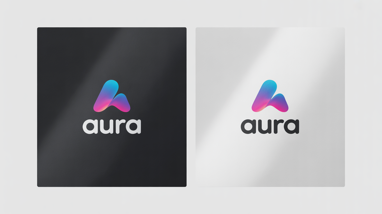 A mockup showing the 'AURA' brand logo in both dark mode and light mode. On the left, the logo is on a dark gray background, and on the right, it's on a white background, demonstrating its visibility and design consistency.