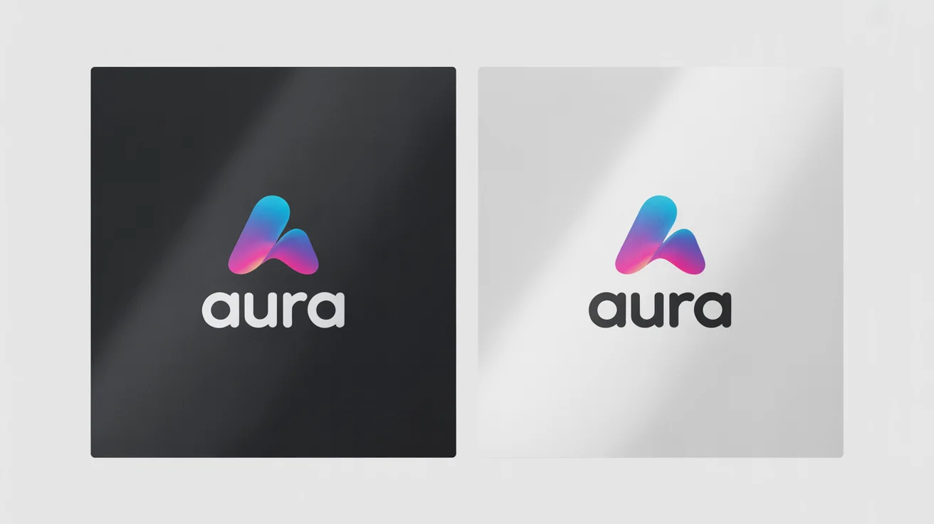 A mockup showing the 'AURA' brand logo in both dark mode and light mode. On the left, the logo is on a dark gray background, and on the right, it's on a white background, demonstrating its visibility and design consistency.