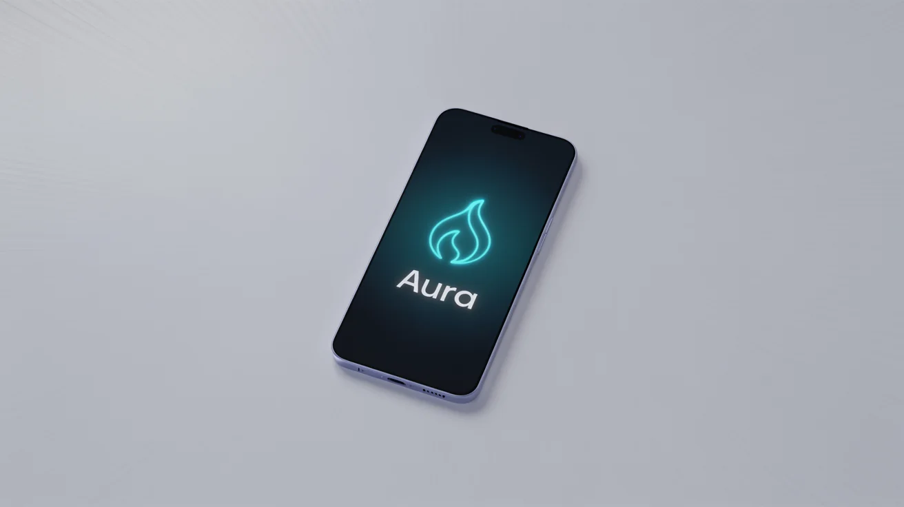 A mockup of a sleek smartphone on a white background, showcasing a bright, glowing cyan logo for the brand 'AURA' on its dark mode screen.