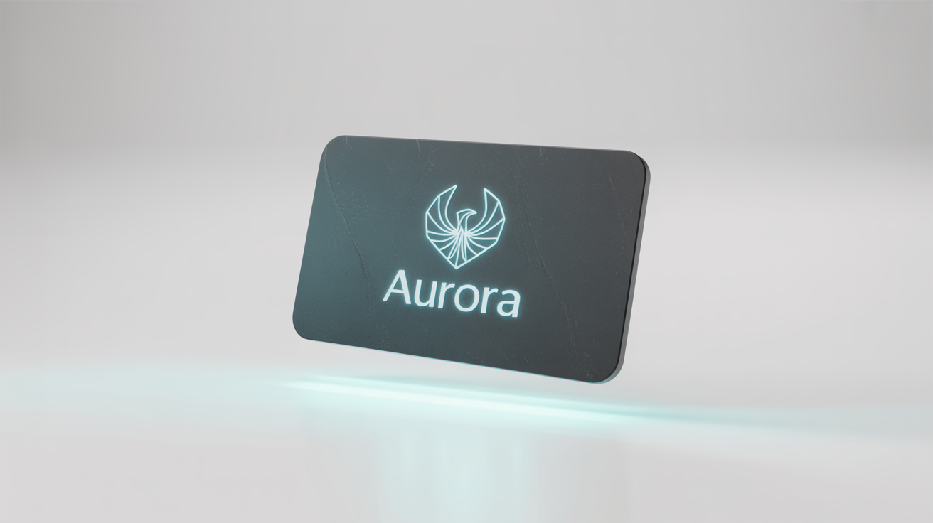 A mockup of a dark mode logo for a fictional brand 'AURORA'. A glowing cyan geometric phoenix icon and white text are displayed on a dark charcoal plaque, set against a clean white background.